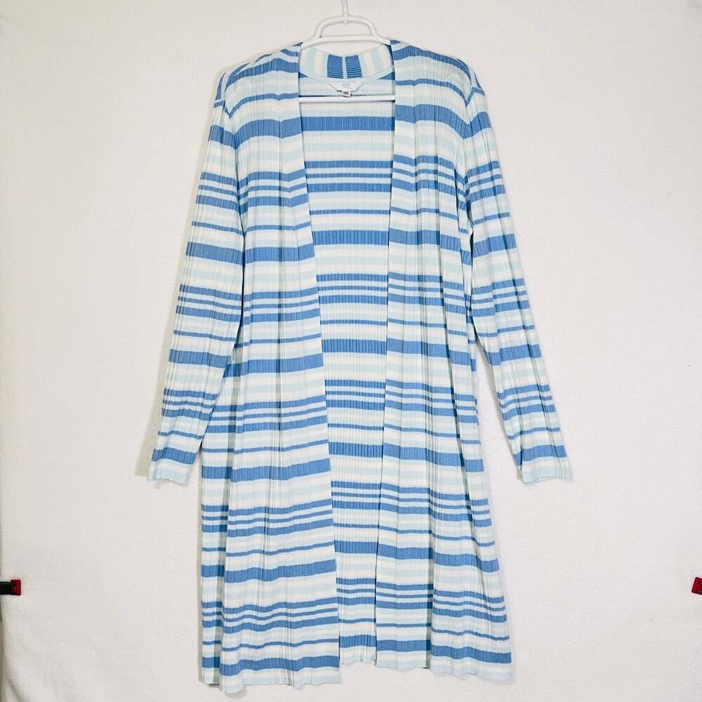 Time & Tru Duster Sweater Cardigan Blue White Stripe Ribbed Knit Womens 22 XXL